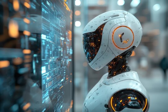 Futuristic Robot Analyzing Digital Data Screen Interface Technology AI