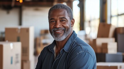 Fototapeta premium A mature man packing cardboard boxes in a minimalist distribution warehouse, with natural light illuminating the clean and organized environment.