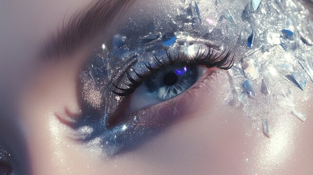 Macro close-up of an eye with intricate crystalline makeup, featuring glitter, sparkles, and light refractions, creating a mesmerizing and artistic effect.