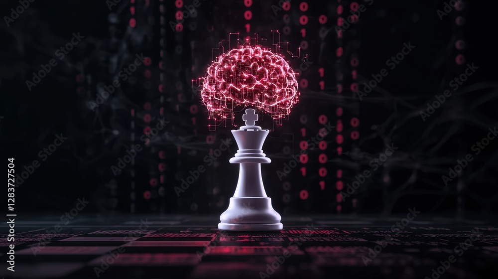 Poster futuristic concept of chess king surrounded by abstract digital brain imagery and binary code in a d
