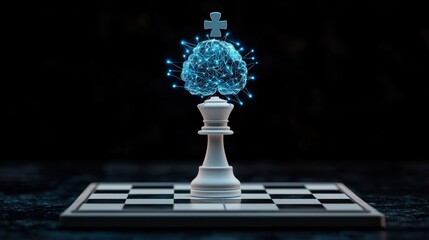 Chess Piece Representing Strategy with Glowing Brain on Board Symbolizing Intelligence and Critical Thinking in Competitive Games