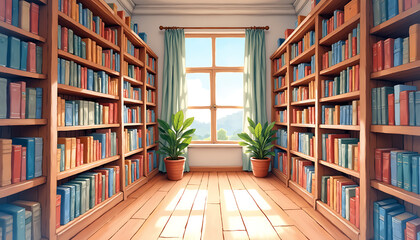 Cozy library with bookshelves and green plants