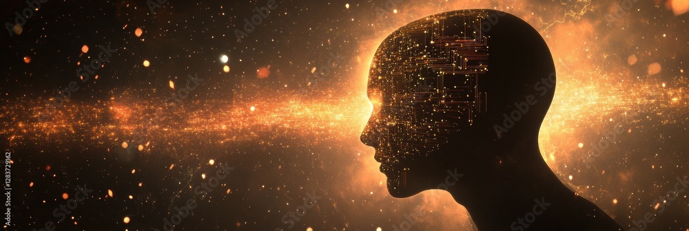 Poster silhouette of human head filled with glowing quantum circuits against a cosmic background. generativ