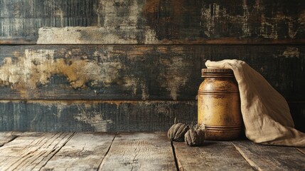 Textured Wooden Surface with Jar and Aged Clothes - Rustic Background Design