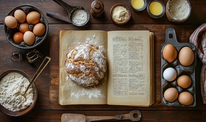Homemade bread baking recipe book overhead