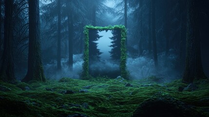 Fototapeta premium Enchanted forest with a mystical mirror reflecting serene trees and fog in a magical woodland under a twilight sky filled with lush greenery and tranquility