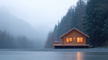 Fototapeta premium Cozy Cabin on Misty Riverbank at Dusk