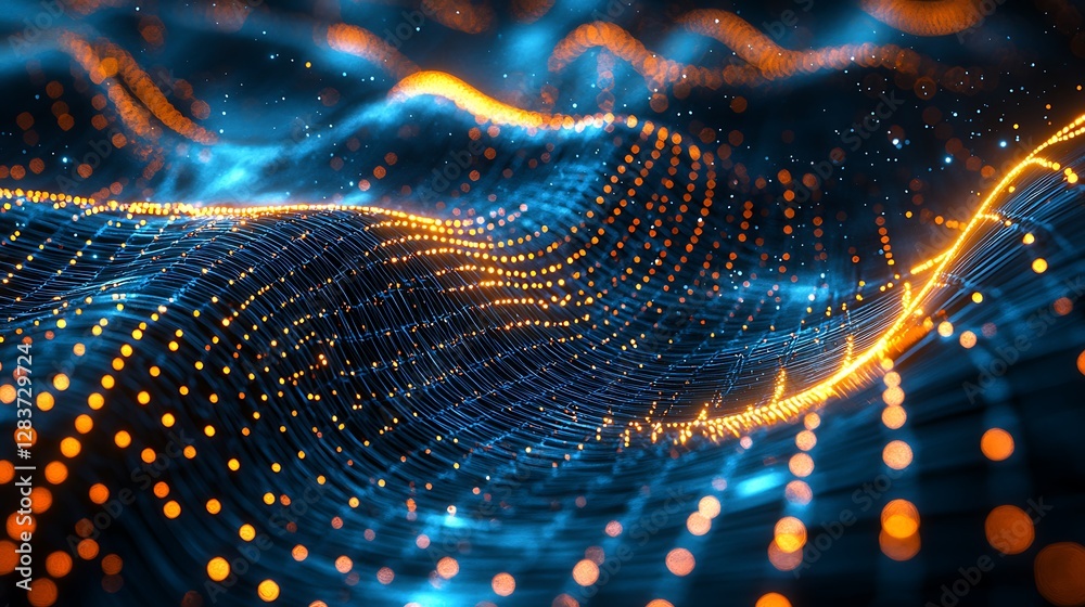 Poster Glowing digital data waves abstractly visualizing a network of data points, possibly for tech use