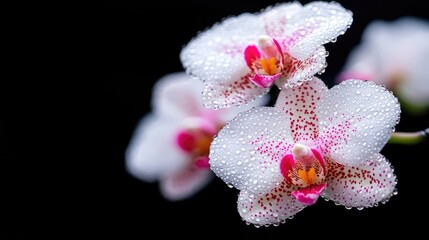Dewy pink-white orchids bloom dark background, spa, wellness