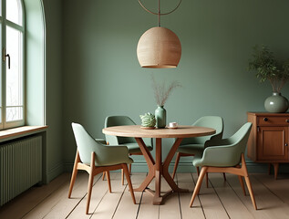 Wooden round dining table and light green barrel chairs against window. Dark wood cabinet near green wall. Scandinavian or mid-century interior design of modern living room.