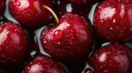 A striking image of glistening cherries immersed in liquid, showcasing their succulent appearance and vibrant colors, illustrating freshness and the beauty of nature.