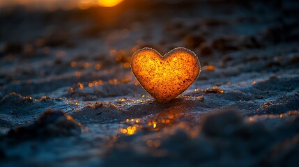 Fototapeta premium Glowing heart on sand beach during golden sunset, romantic concept, background light
