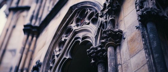 A close-up of intricate gothic architectural details on a building, showcasing elaborate stone carvings and craftsmanship against a muted sky.