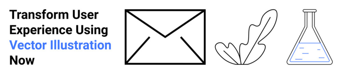 Envelope, abstract leaf, and lab flask outline emphasizing communication, eco-design, and innovation. Ideal for technology, environment, education research marketing and creativity. Flat landing