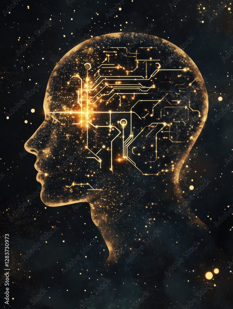 Aufkleber human silhouette illuminated with glowing quantum circuits representing advanced technology and arti