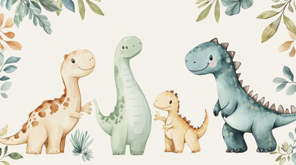 Artistic watercolor illustration of cute dinosaurs encircling the frame, featuring a friendly diplodocus, a tiny curious compsognathus