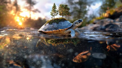 Turtle Island Floating Above Calm Waters, Enchanted Forest Thriving on Turtle's Back, Serenity of Nature's Harmony