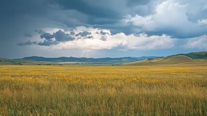 Obraz premium Yellow Wildflower Field Under Dramatic Stormy Sky