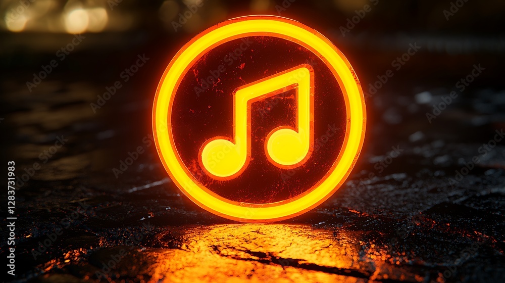 Poster glowing music note icon on dark surface. possible use digital music concept