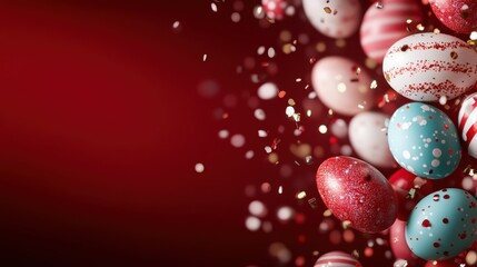 Obraz premium A captivating collection of decorated Easter eggs featuring sparkling accents and rich colors set against a deep red background, celebrating the vibrancy of springtime.