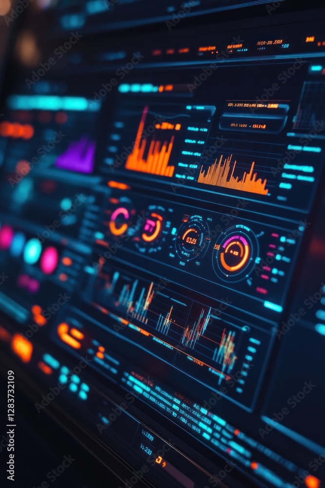 Poster futuristic data visualization screen with colorful graphs