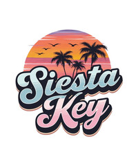 siesta city typography with sunset and palm silhouettes