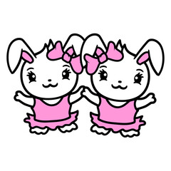 2 Rabbits Girl Pretty Bow Woman Small Friends Team Design Lover Art Vector Illustration Card T-Shirt Poster Sticker Graphic Print Decorative Drawing Isolated Logo Decoration Symbol Creative Cool Style