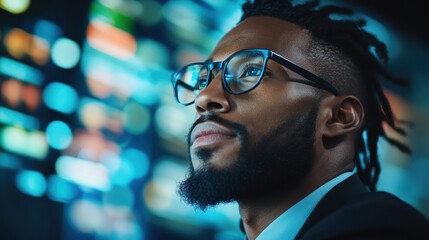 A focused man wearing glasses gazes thoughtfully at data visuals on screens, embodying the themes of insight, analysis, and modern technology in a futuristic setting.