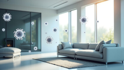 Airborne virus mist spreads and floating in modern living room with a couch with soft focus, blurry representation of micro coronavirus particles floating in the air.