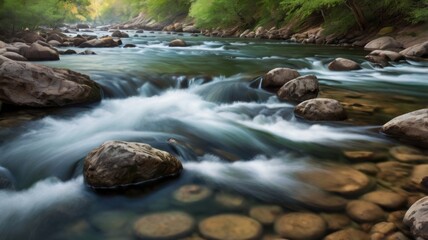 Cascading River with Smooth Flowing Water Over Rocks in a Lush Green Forest with Natural Lighting