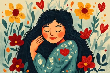 Serene Woman Amidst Blooming Flowers Peaceful Nature Scene