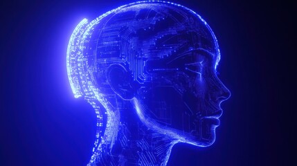 Silhouette of a human head illuminated by glowing circuit board pattern representing futuristic artificial intelligence. Generative AI