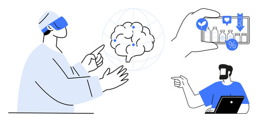Doctor wearing VR headset interacts with a virtual brain model. Hand holding smartphone displays health data and medication. Another individual points while using a laptop. Ideal for healthcare