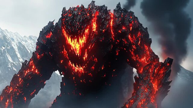 Massive lava monster emerges from volcanic landscape surrounded by mountains and smoke at dusk