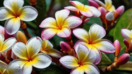 Obraz premium Close Up Plumeria Flowers with White Yellow and Pink Petals Displaying Tropical Beauty with Green Leaves and Natural Lighting