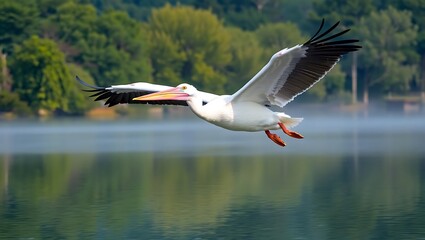 Obraz premium Majestic American White Pelican Gliding Across a Serene Lake