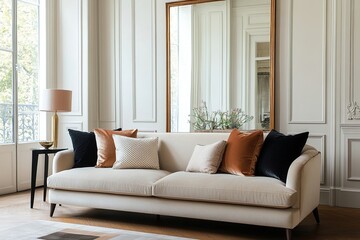 Fototapeta premium Elegant living room featuring a stylish sofa with decorative cushions and a large mirror