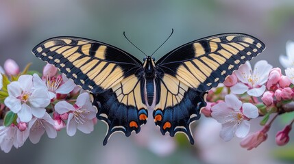 Fototapeta premium Spring Butterfly on Blossoming Cherry Tree