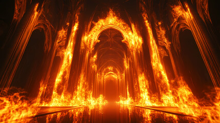 A dark gothic cathedral interior with fiery orange flames evokes a sense of mystery and power. Dark Gothic Cathedral Interior. Illustration