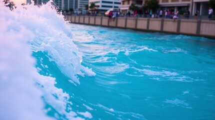 A vibrant wave crests in the turquoise river, creating a striking contrast with the city backdrop.