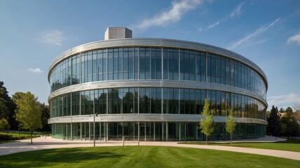 Obraz premium Contemporary Round University Building with Glass Facade Under Clear Blue Sky on a Sunny Day