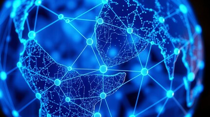 Glowing blue digital globe shows network connections, highlighting global communication and technology.