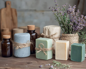 handmade soap bars with natural ingredients, essential oils, lavender on rustic wooden table