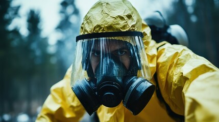 A focused individual dressed in a yellow suit with a gas mask, adapting to the challenging natural terrain, showcasing determination in the face of potential danger outside.