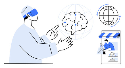 Person wearing VR headset interacting with digital brain, virtual globe, and smartphone showing online shopping. Ideal for technology, virtual reality, neuroscience, e-commerce, innovation, digital