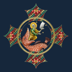 Saint Jonah and the Whale. Religious decorative cross. Illustration in Byzantine style on deep blue background