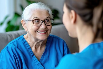 Supporting senior patients with elderly care and mental health. Smiling elderly woman in blue scrubs talks with caregiver.