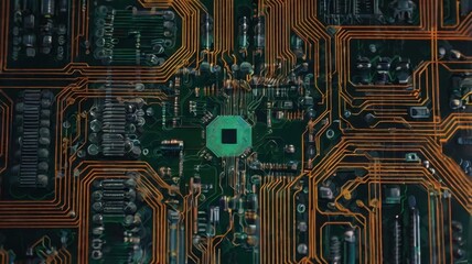 Detailed Green and Gold Circuit Board Featuring Electronic Pathways and Intricate Interconnected Components for Advanced Technology