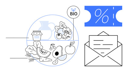Fresh produce basket with fruits, vegetables, adjacent bio label, discount voucher, envelope and message. Ideal for eco-friendly, organic, promotion, marketing farm-to-table discounts