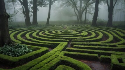 Naklejka premium Eerie Green Labyrinth in Foggy Forest Landscape with Dense Foliage and Geometric Patterns